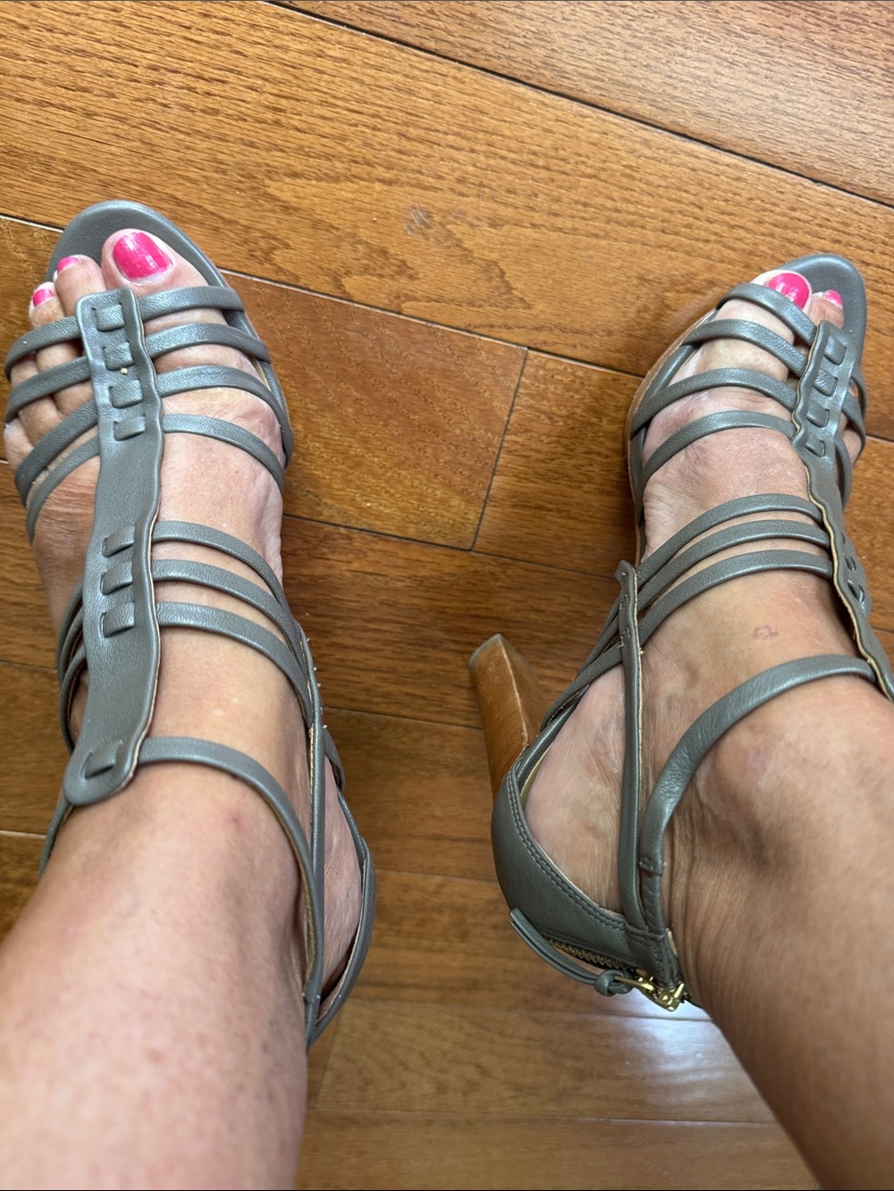 Talbots Taupe Strappy T‑Strap High Heel Sandals